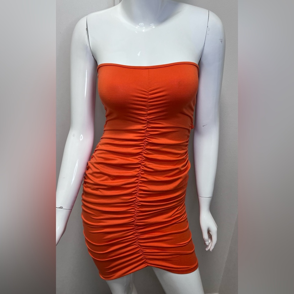 Orange Strapless Ruched Dress Size M